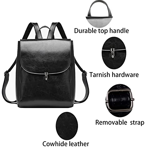 HESHE Women’s Leather Backpack Casual Style Flap Backpacks Daypack for Ladies (Black)