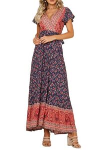 r.vivimos women's summer short sleeve floral print bohemian beach waist tie wrap long flowy dress with slit (xl, dark blue#2)