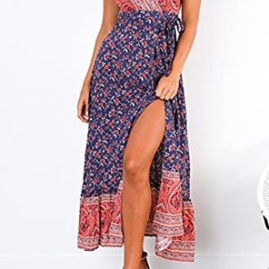 R.Vivimos Women's Summer Short Sleeve Floral Print Bohemian Beach Waist Tie Wrap Long Flowy Dress with Slit (XL, Dark Blue#2)