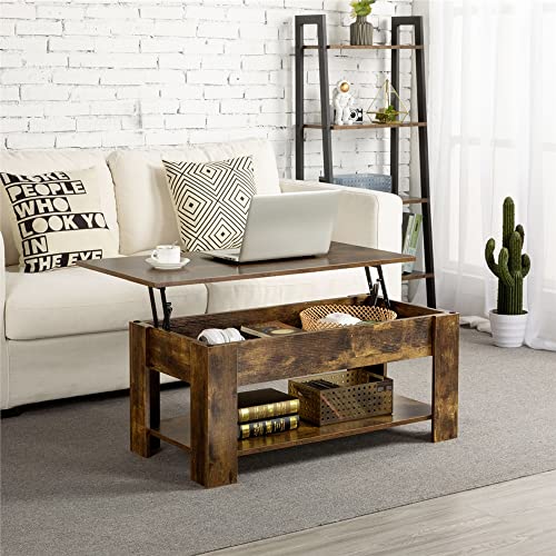 Yaheetech Lift Top Coffee Table with Hidden Compartment and Storage Shelf, Rising Tabletop Dining Table for Living Room Reception Room, 38.6in L, Rustic Brown