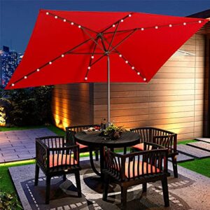 aok garden 6.5x10 ft patio umbrella with solar lights - rectangular picnic table aluminum pole umbrella, 6-8 chairs outdoor tilt umbrella 30 led for lawn backyard, deck, pool and beach, red