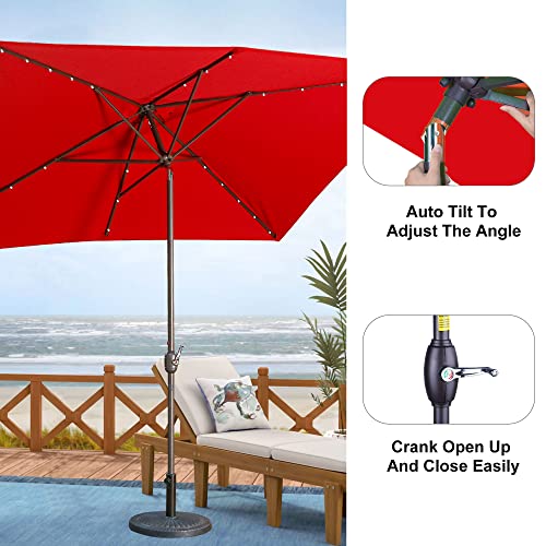 Aok Garden 6.5x10 ft Patio Umbrella with Solar Lights - Rectangular Picnic Table Aluminum Pole Umbrella, 6-8 Chairs Outdoor Tilt Umbrella 30 LED for Lawn Backyard, Deck, Pool and Beach, Red