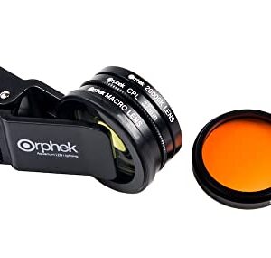 Orphek Coral Lens – Kit for All Smartphones – 4 Lens Included: Macro, CPL 37mm Polarized, 15,000k Orange, 20,000k Yellow – Universal Phone Clip – Lens Made of Glass – for Better Photography