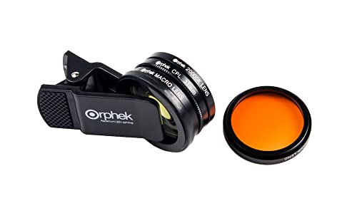 Orphek Coral Lens – Kit for All Smartphones – 4 Lens Included: Macro, CPL 37mm Polarized, 15,000k Orange, 20,000k Yellow – Universal Phone Clip – Lens Made of Glass – for Better Photography