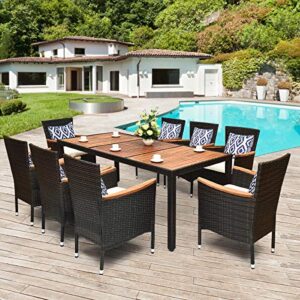 tangkula 9 piece outdoor dining set, garden patio wicker set w/cushions, furniture with acacia wood table and stackable armrest chairs