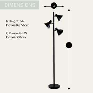 LIGHTACCENTS Black Floor Lamp 3 Light Standing Lamp Tree Lamp - Adjustable Head Lamp for Focused Illumination - Ideal Floor Lamps for Living Room, Offices, Reading Areas - Modern Black Pole Light