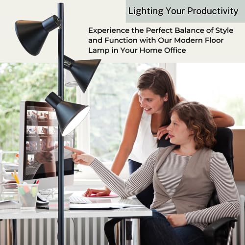 LIGHTACCENTS Black Floor Lamp 3 Light Standing Lamp Tree Lamp - Adjustable Head Lamp for Focused Illumination - Ideal Floor Lamps for Living Room, Offices, Reading Areas - Modern Black Pole Light