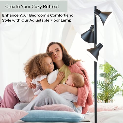 LIGHTACCENTS Black Floor Lamp 3 Light Standing Lamp Tree Lamp - Adjustable Head Lamp for Focused Illumination - Ideal Floor Lamps for Living Room, Offices, Reading Areas - Modern Black Pole Light