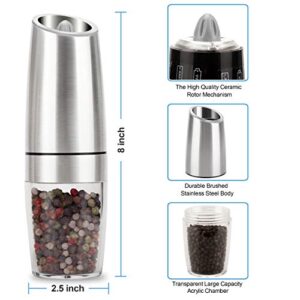 Pepper Grinder, Gravity Electric Pepper Mill, Battery Operated Automatic Salt Mill with Blue LED Light, One Handed Operation, Adjustable Coarseness, Silver（Including Stainless Steel Spoon）