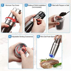 Pepper Grinder, Gravity Electric Pepper Mill, Battery Operated Automatic Salt Mill with Blue LED Light, One Handed Operation, Adjustable Coarseness, Silver（Including Stainless Steel Spoon）