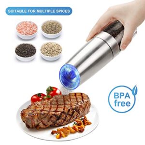 Pepper Grinder, Gravity Electric Pepper Mill, Battery Operated Automatic Salt Mill with Blue LED Light, One Handed Operation, Adjustable Coarseness, Silver（Including Stainless Steel Spoon）