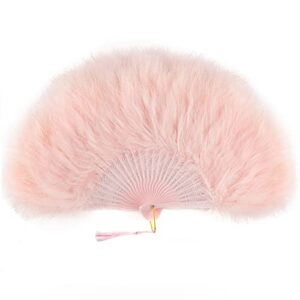 babeyond marabou feather fan 20s vintage folding fan flapper hand fan for costume dancing show tea party wedding decoration (pink-pink rib)