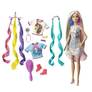 barbie fantasy hair doll & accessories, long colorful blonde hair with mermaid and unicorn-inspired clothes