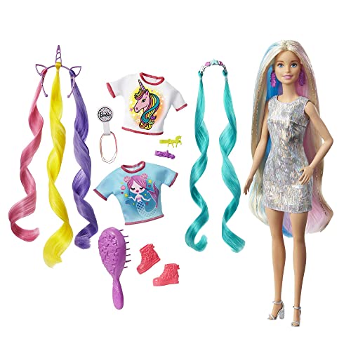 Barbie Fantasy Hair Doll & Accessories, Long Colorful Blonde Hair with Mermaid and Unicorn-Inspired Clothes