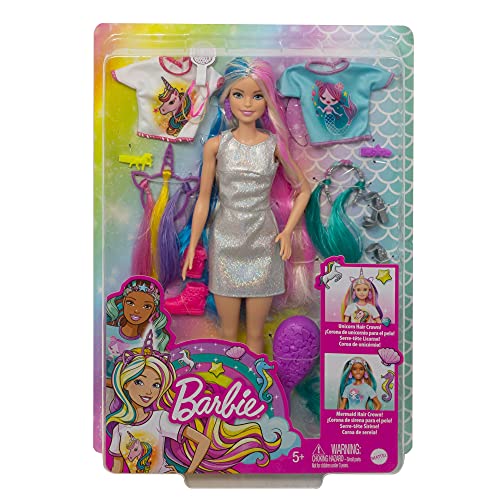 Barbie Fantasy Hair Doll & Accessories, Long Colorful Blonde Hair with Mermaid and Unicorn-Inspired Clothes