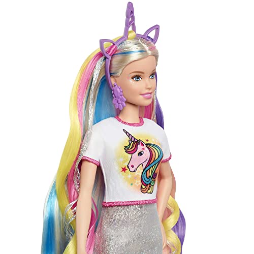 Barbie Fantasy Hair Doll & Accessories, Long Colorful Blonde Hair with Mermaid and Unicorn-Inspired Clothes