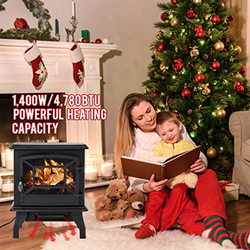 FDW Electric Fireplace Heater 20" Freestanding Fireplace Stove Portable Space Heater with Thermostat for Home Office Realistic Log Flame Effect 1500W CSA Approved Safety 20"Wx17"Hx10"D,Black