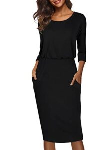 moyabo church dresses for women 3/4 sleeve round neck elastic wasit causal dresses with pockets black large