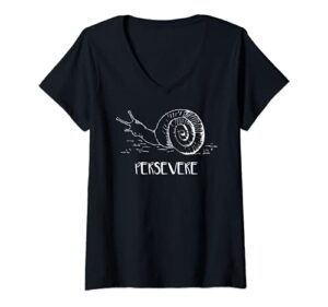 womens persevere snail quote snail v-neck t-shirt