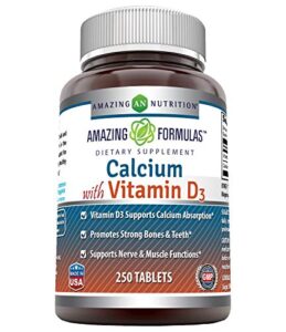 amazing formulas calcium with vitamin d3 250 tablets supplement | non-gmo | gluten free | made in usa