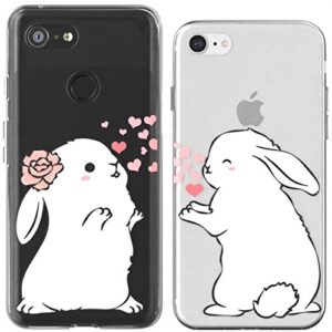 Toik Matching Couple Cases for Apple iPhone 11 Pro Xs Max Xr 10 X 8 Plus 7 6s 5s SE Cover Silicone TPU Flexible White Love Cute Design Print Bunnies Adorable Animal Protective Anniversary Girly