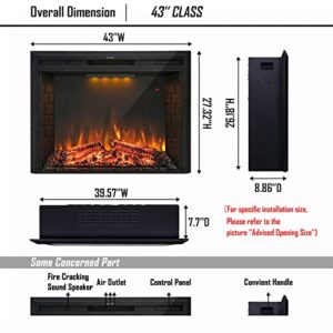 Masarflame 43'' Electric Fireplace Insert, Retro Recessed Fireplace Heater with Fire Cracking Sound, Remote Control & Timer, 750/1500W, Black