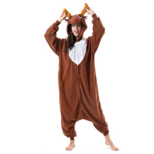 Beauty Shine Adult Unisex Animal Costume Halloween Christmas Cosplay Plush Pajama Onesie (Large, Coffee Reindeer)