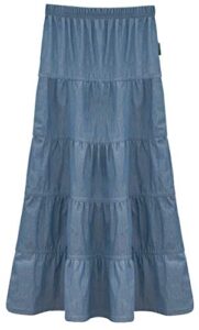 baby'o girl's kids ankle length long denim jeans 5 tiered skirt for 4 to 18 years old (large, stonewash)