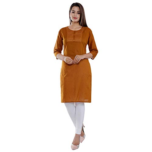 Ramkudi Indian Women's Plain Embroiderd Cotton Straight Kurti Top (Caramel)