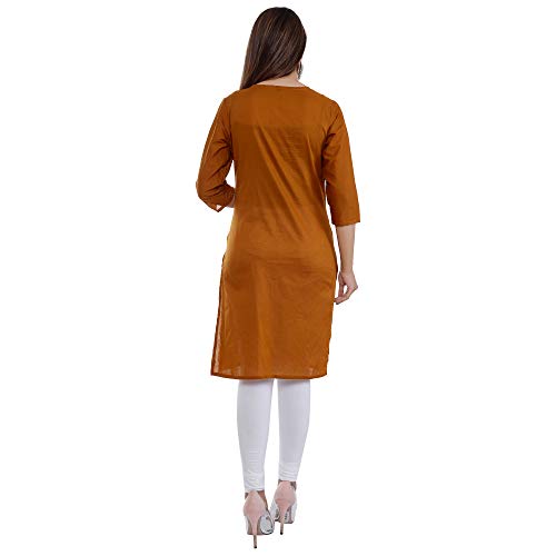 Ramkudi Indian Women's Plain Embroiderd Cotton Straight Kurti Top (Caramel)