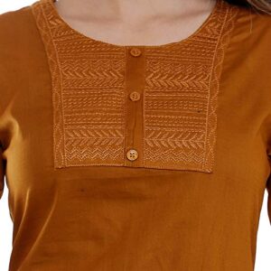 Ramkudi Indian Women's Plain Embroiderd Cotton Straight Kurti Top (Caramel)