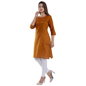 Ramkudi Indian Women's Plain Embroiderd Cotton Straight Kurti Top (Caramel)