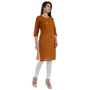 Ramkudi Indian Women's Plain Embroiderd Cotton Straight Kurti Top (Caramel)