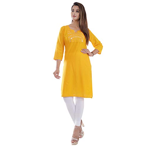 Ramkudi Indian Women's Plain Embroiderd Cotton Straight Kurti Top (Yellow)