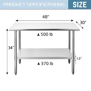 Hally Stainless Steel Table for Prep & Work 30 x 48 Inches, NSF Commercial Heavy Duty Table with Undershelf and Galvanized Legs for Restaurant, Home and Hotel