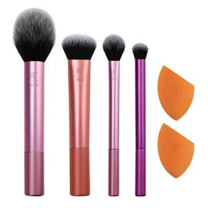 real techniques makeup brush set with 2 sponge blenders for eyeshadow, foundation, blush, and concealer, set of 6