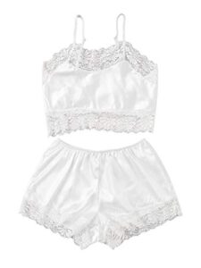 sweatyrocks women's satin lace sleepwear spaghetti strap top and shorts pajama set white m