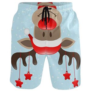 visesunny christmas men's beach short funny reindeer with hanging stars snow blue swim trunks sports running bathing suits