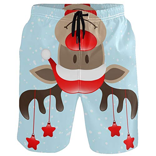 visesunny Christmas Men's Beach Short Funny Reindeer with Hanging Stars Snow Blue Swim Trunks Sports Running Bathing Suits