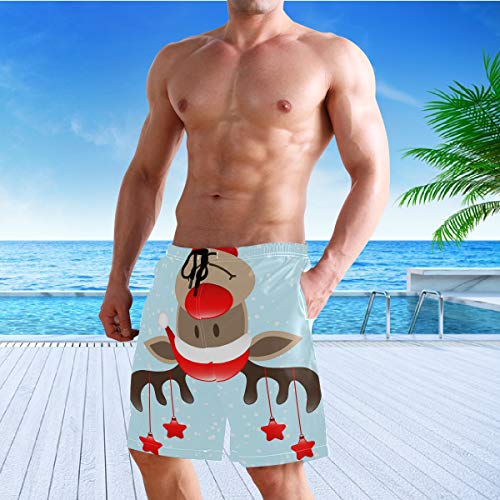 visesunny Christmas Men's Beach Short Funny Reindeer with Hanging Stars Snow Blue Swim Trunks Sports Running Bathing Suits