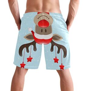 visesunny Christmas Men's Beach Short Funny Reindeer with Hanging Stars Snow Blue Swim Trunks Sports Running Bathing Suits