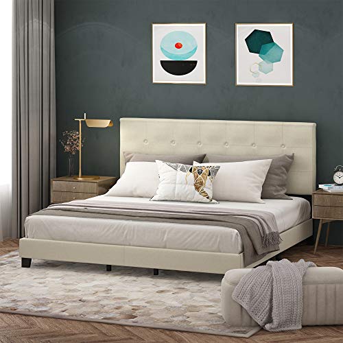 Furinno Laval Button Tufted Upholstered Platform Bed Frame, King, Linen