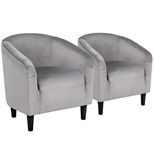 Yaheetech Velvet Comfy Accent Chairs Tufted Modern Barrel Chair with Soft Padded for Living Room/Waiting Room/Bedroom, Light Grey, Set of 2