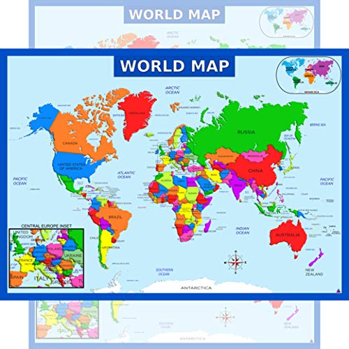 3D Learning LLF World Map Poster with Central Europe Inset - Laminated Educational Poster (14x19.5 in) - World Map for Kids, Elementary Classroom Decorations, Homeschool, and Teacher Supplies