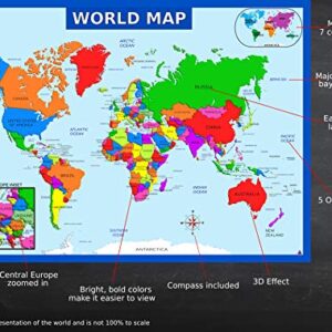 3D Learning LLF World Map Poster with Central Europe Inset - Laminated Educational Poster (14x19.5 in) - World Map for Kids, Elementary Classroom Decorations, Homeschool, and Teacher Supplies