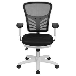 Flash Furniture Nicholas Mid-Back Black Mesh Multifunction Executive Swivel Ergonomic Office Chair with Adjustable Arms and White Frame