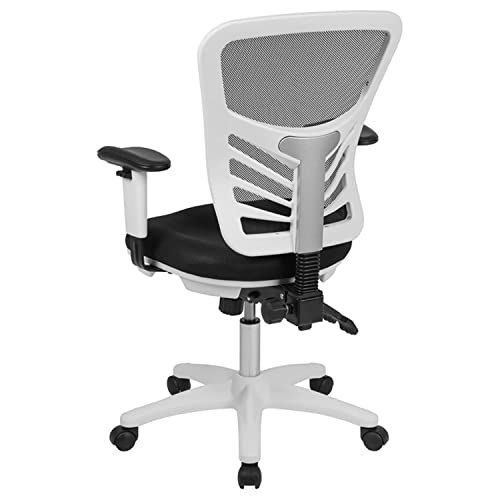 Flash Furniture Nicholas Mid-Back Black Mesh Multifunction Executive Swivel Ergonomic Office Chair with Adjustable Arms and White Frame