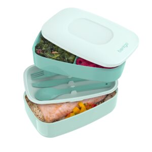 bentgo classic - all-in-one lunch box - modern bento-style design includes 2 stackable containers, built-in plastic utensil set, and nylon sealing strap (coastal aqua)