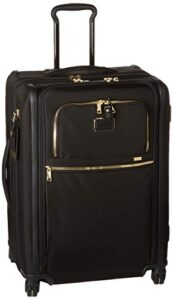 tumi alpha short trip expandable 4-wheeled packing case - roller bag for short trips & weekend getaways - carry-on luggage with 4 spinner wheels - travel suitcase for men & women - black/gold