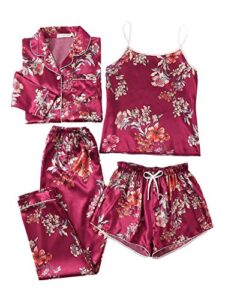 wdirara women's silk satin pajama set 4 pieces sleepwear loungewear pj sets burgundy m
